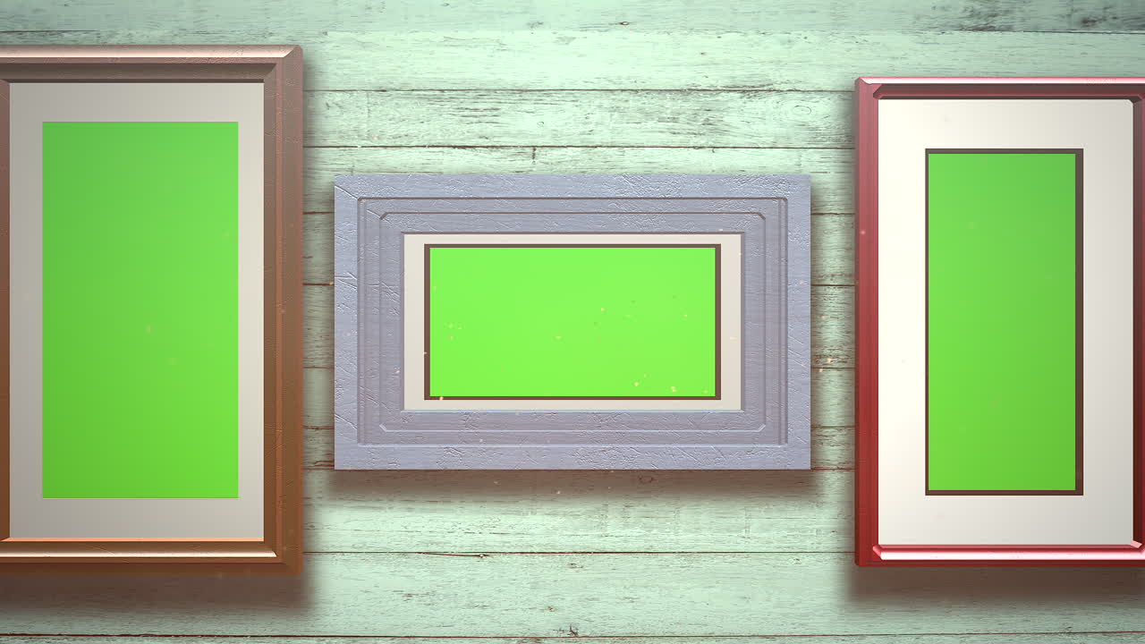 Motion camera in art gallery with picture and modern frame with green mock-up screen 3