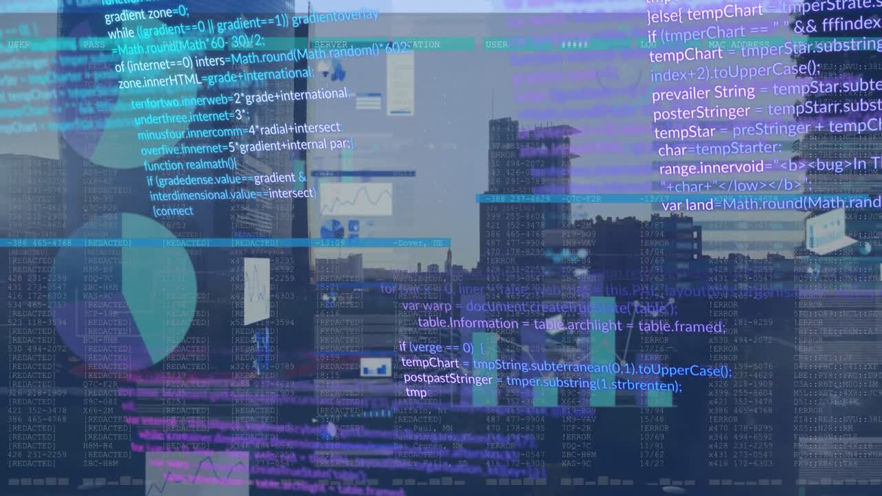 Animation of statistical data processing against aerial view of cityscape