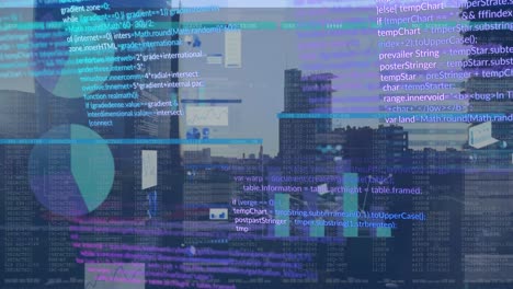 animación del procesamiento de datos estadísticos frente a una vista aérea del paisaje urbano