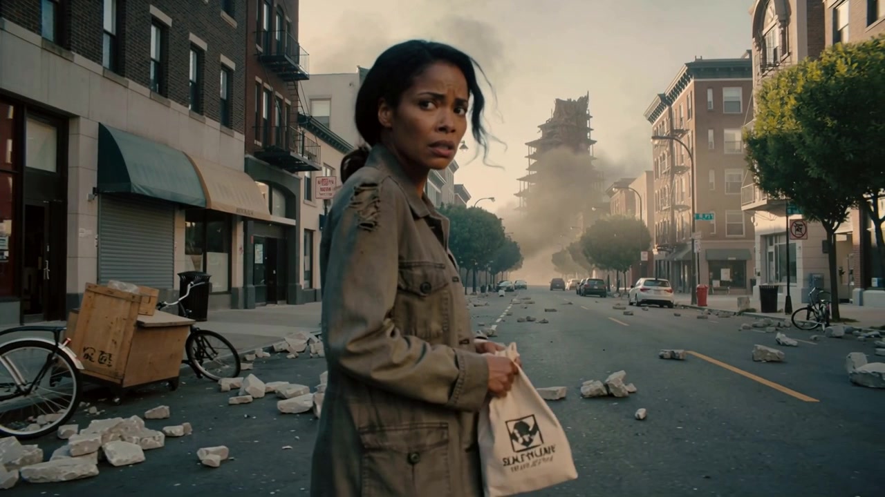 Reacting to rising dust plume, woman in khaki jacket holding paper bag and scanning deserted street