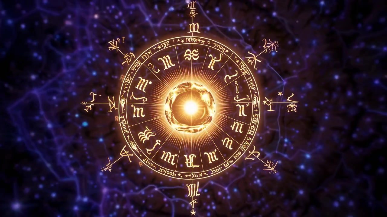 Ruota dello zodiaco rotante con simboli astrologici luminosi nello spazio
