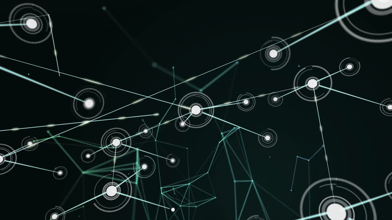 Animation of geometric patterns with interconnected nodes and lines on dark background