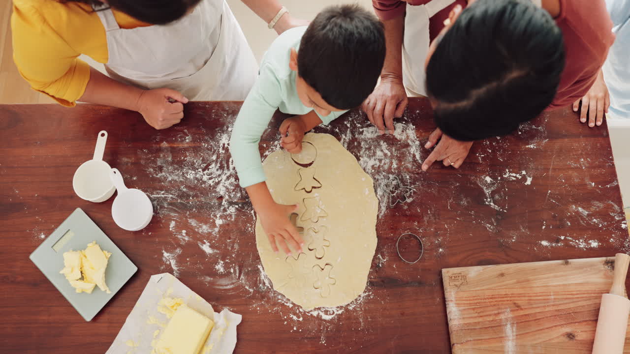 Top view, baking cookies and child with mother
