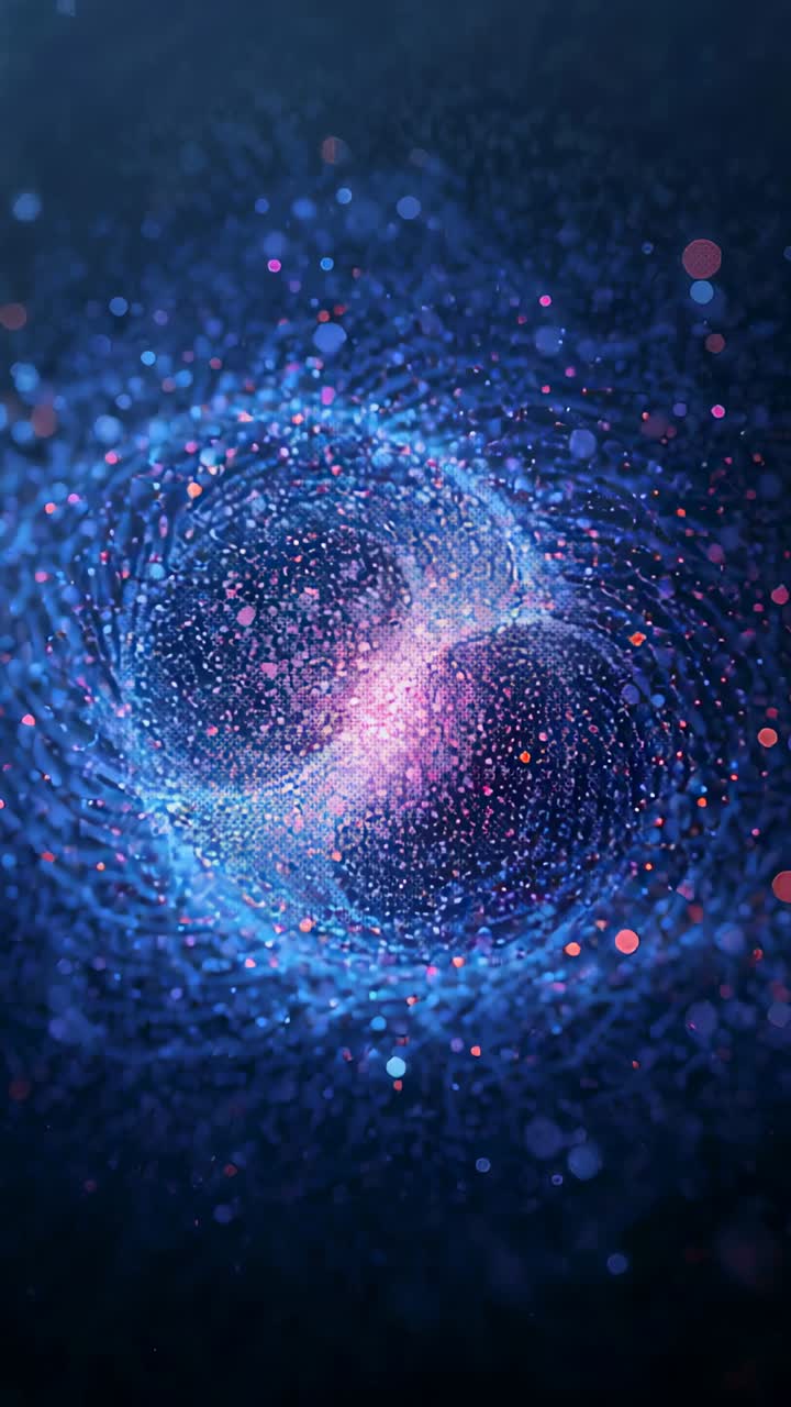 Video verticale: Sistema a doppio vortice animato che ruota, cresta rosa pulsante in un vuoto blu notte con bokeh