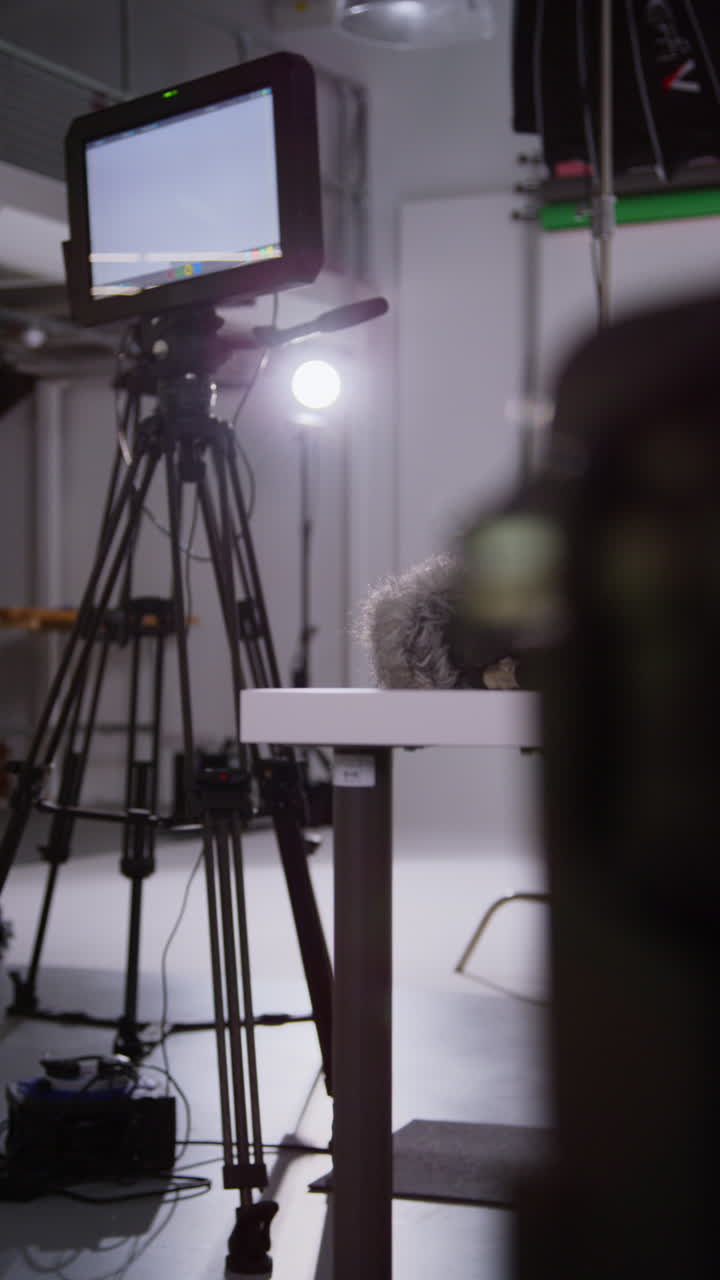 video vertical de un estudio de cine vacío con equipo de grabación de sonido y monitor en trípode con luz en el fondo
