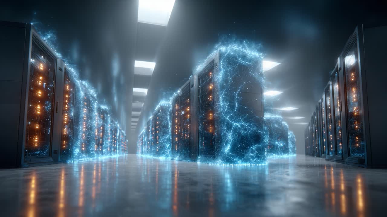 A Stunning View of a High-Tech Data Center with Brightly Lit Server Racks and a Futuristic Electric Glow, Illustrating Advanced Networking and Computing Technology