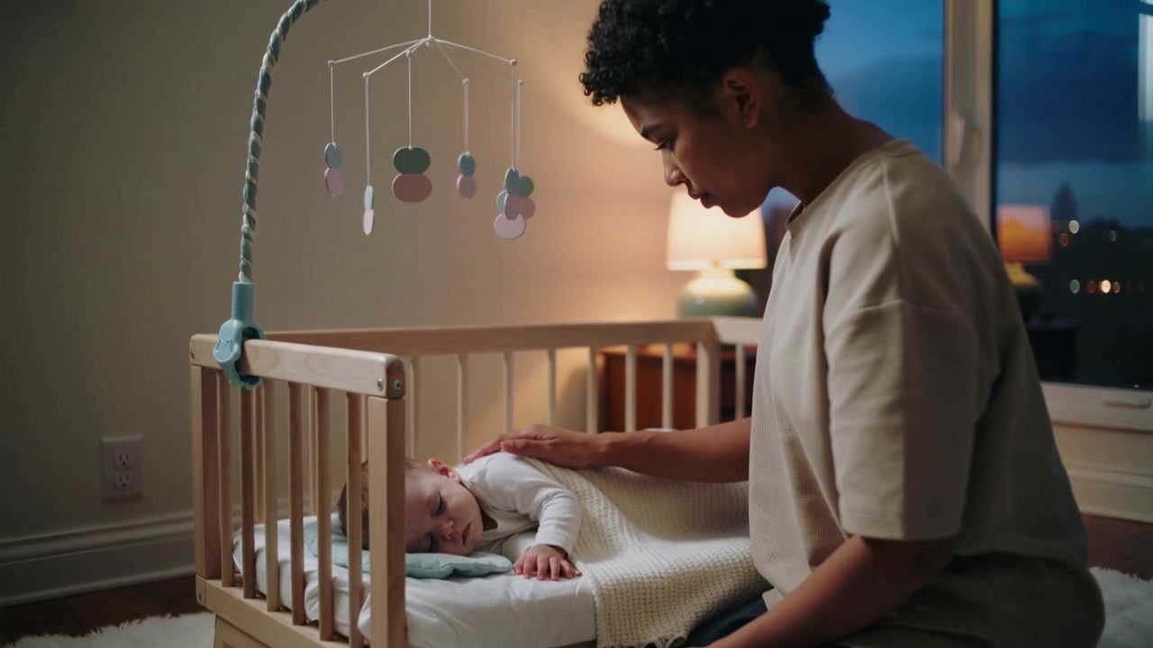 Tucking kneeling caregiver responding to bedtime routine, pulling knit blanket over infant in crib