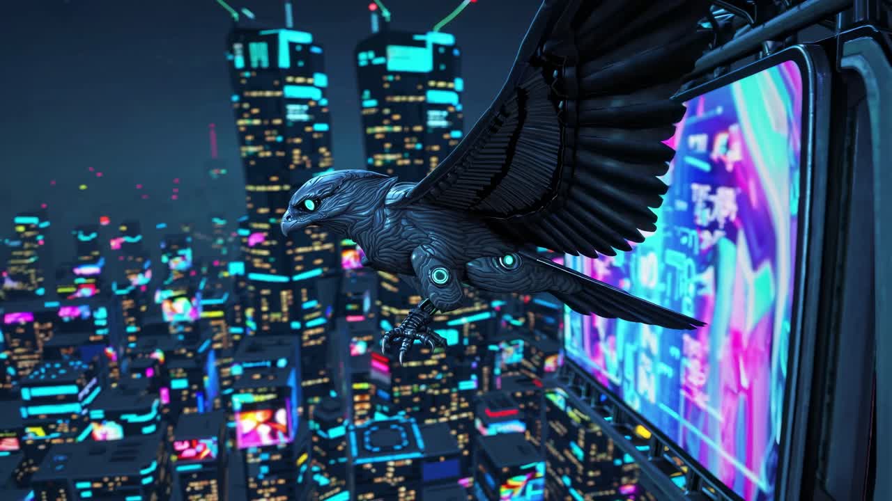 Mechanical Owl Flying Over a Cyberpunk City at Night