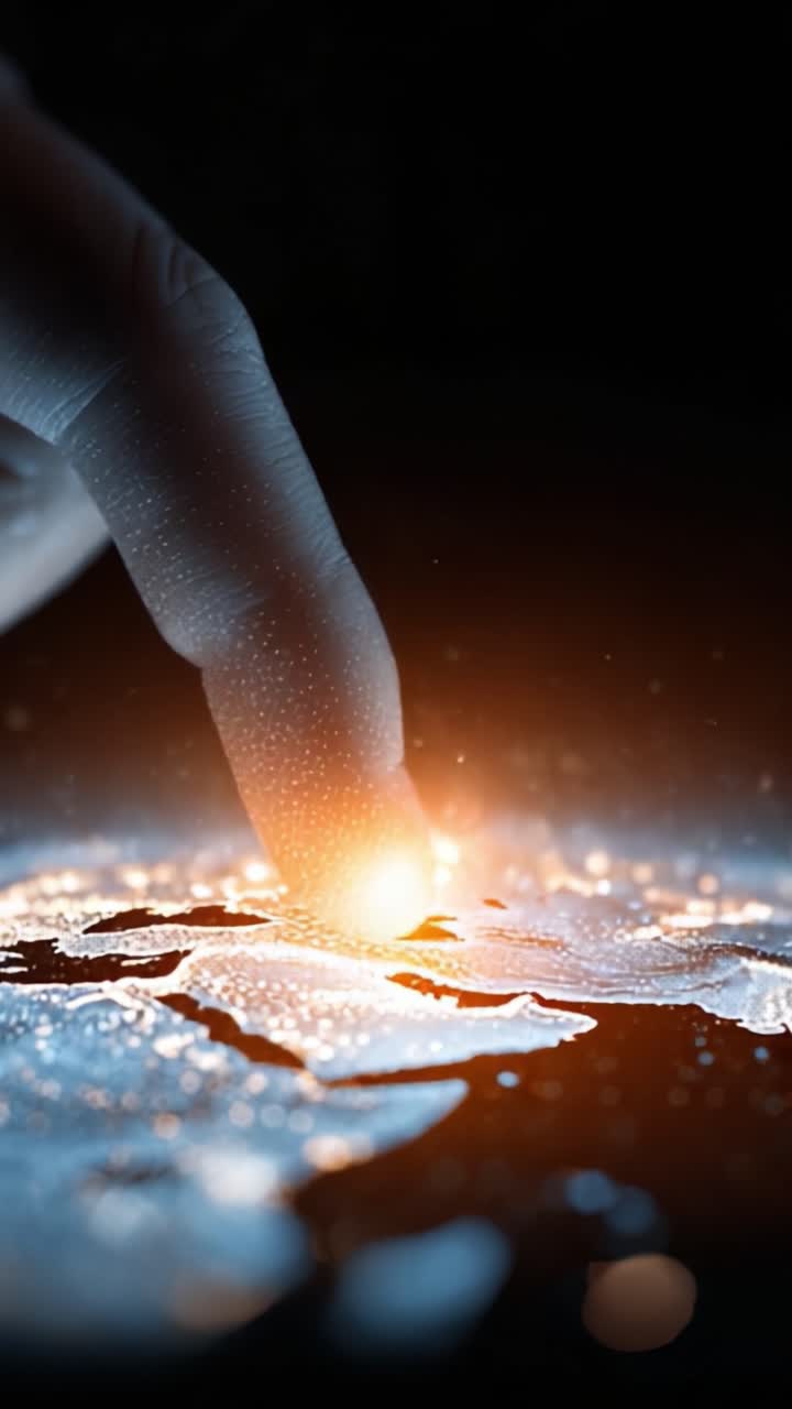 A Close-Up Encounter: A Finger Gently Touches a Radiant Surface, Creating a Spark of Light Amidst a Sea of Reflections and Textures in an Enigmatic Setting