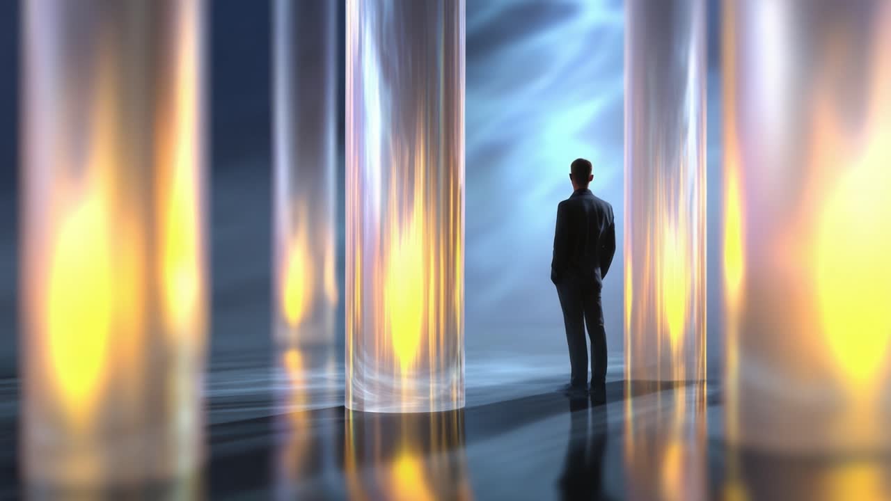A solitary figure stands amidst ethereal pillars of light, surrounded by shadows and reflections in a dreamlike setting, evoking thoughts of exploration and introspection