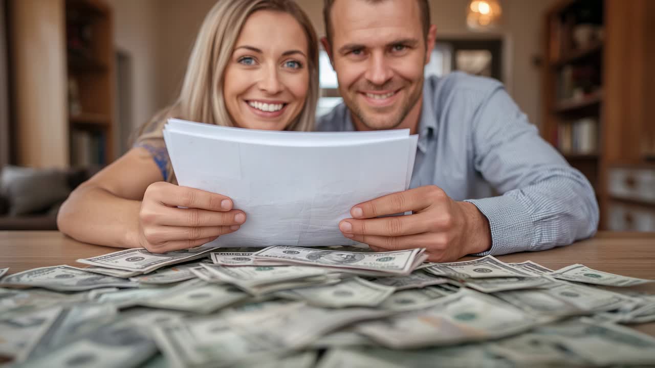 Spotting pile of US dollar bills driving couple reviewing contracts in living room, sharing smiles