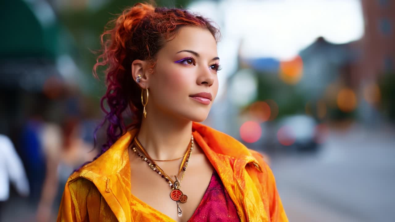 Ritratto di una persona elegante con abiti colorati e accessori unici, catturato su uno sfondo urbano durante l'ora d'oro con effetti di illuminazione soffusa