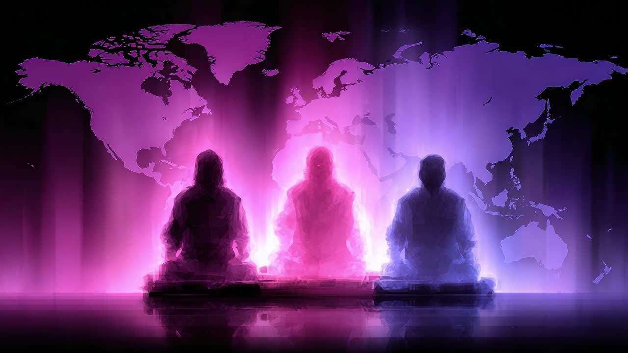 A Tranquil Scene of Silhouetted Figures Meditating in Front of a Global Map, Radiating Serene Light and Color Transitions Representing Inner Peace and Connection