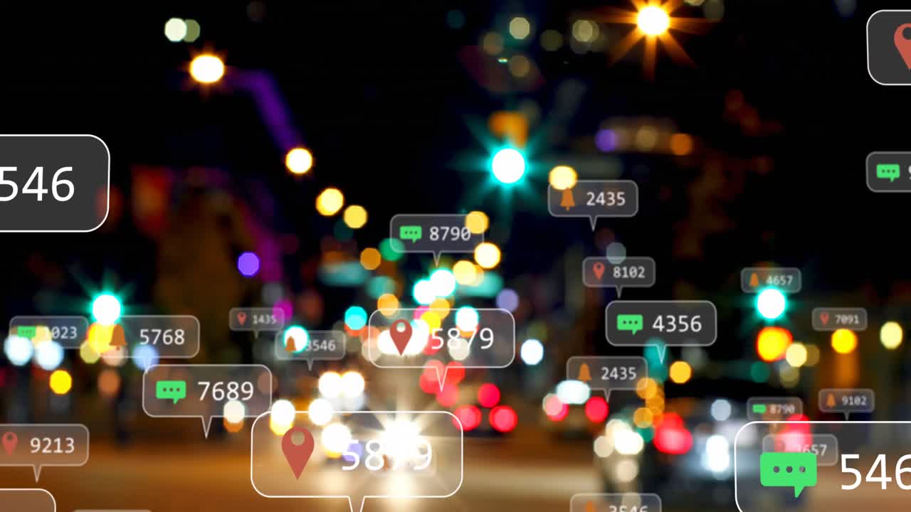 Animation of social media icons and numbers over out of focus traffic lights