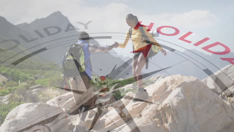 woman hiker extending hand to man climber on travel trail, using compass and holiday overlay