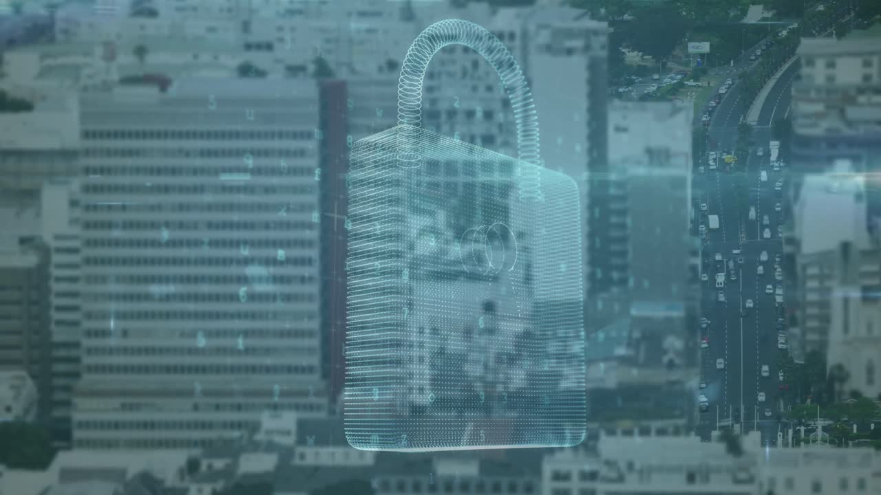 Animation of data processing and padlock over cityscape