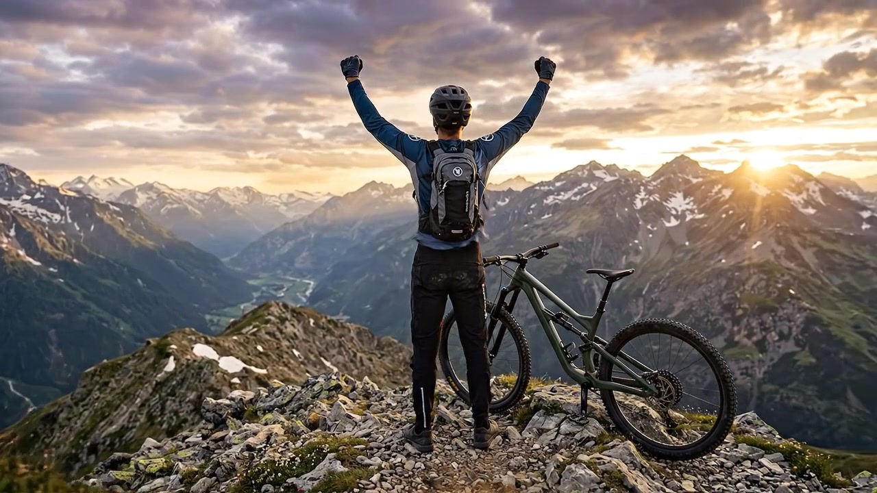 Ciclista de mountain bike celebrando o sucesso no pico ao pôr do sol