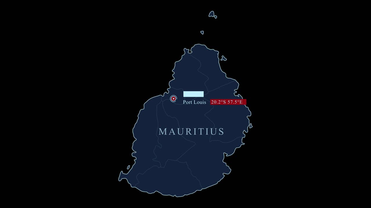 mapa azul de mauritius con la capital de port louis y las coordenadas geográficas en fondo negro