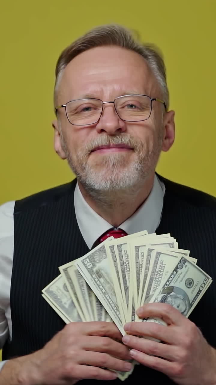 Happy senior businesman waving dollar banknotes.Rich grey-haired man holding big amount of money in his hands and showing them on the camera. Vertical video