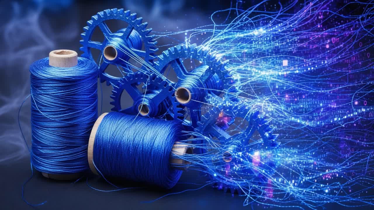 An Intricate Fusion of Technology and Creativity: Depicting Blue Threads and Gears Alongside Dazzling Digital Data Streams in a Stunning Visual Representation