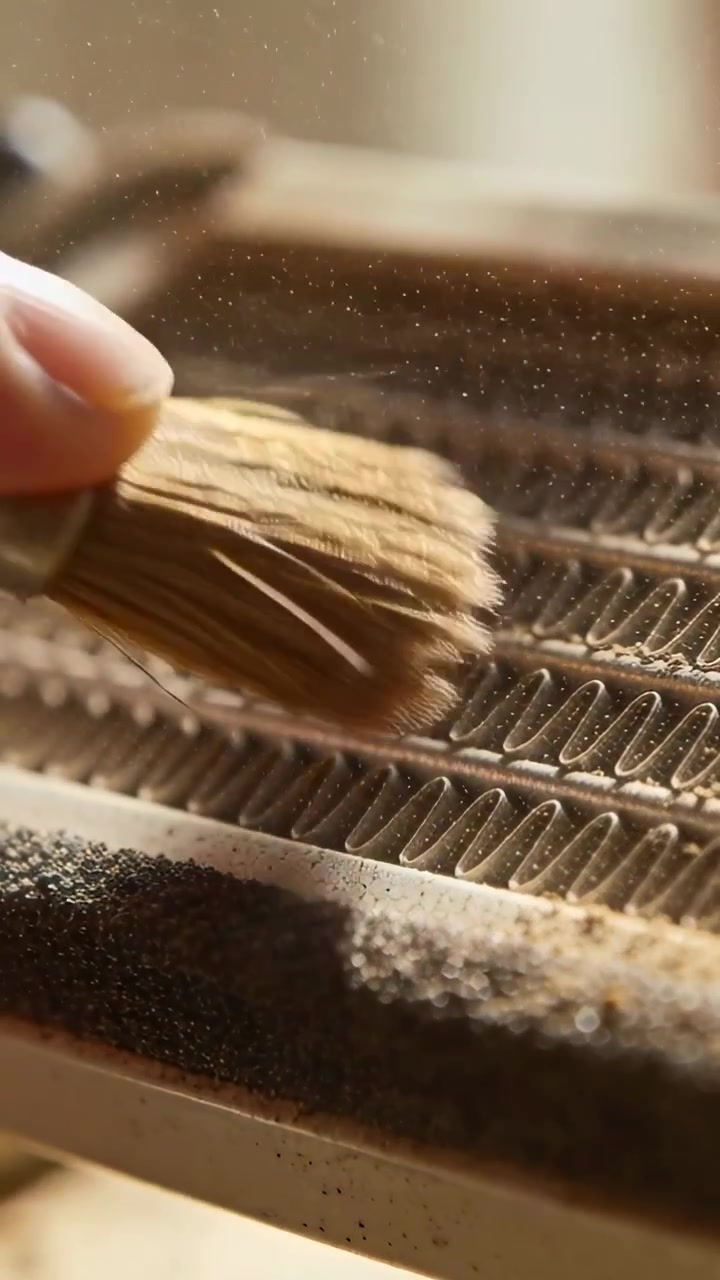 Video verticale: Mano che spazzola con spazzola a setole le alette dell'HVAC, rimuovendo la polvere, con spazio per il testo.