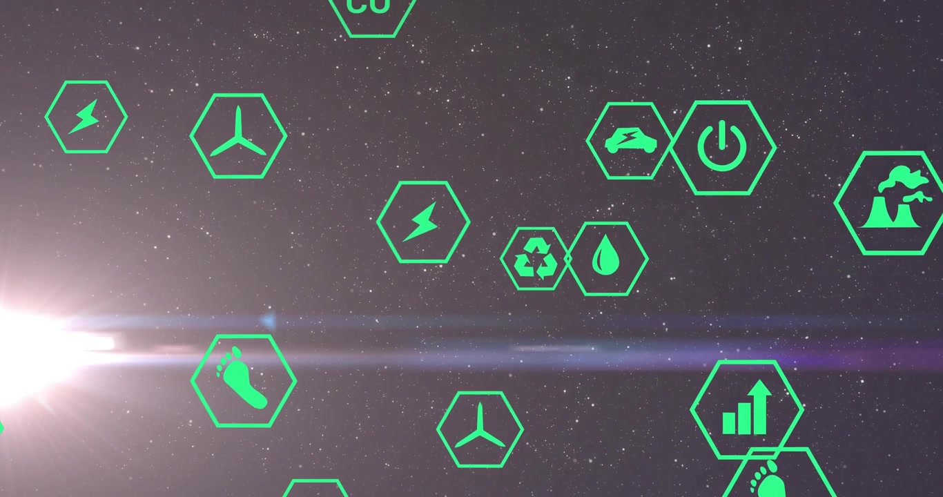 Icone esagonali verde neon che scorrono sullo schermo, svaniscono e pulsano, raggruppandosi per mostrare metriche energetiche ed ecologiche.