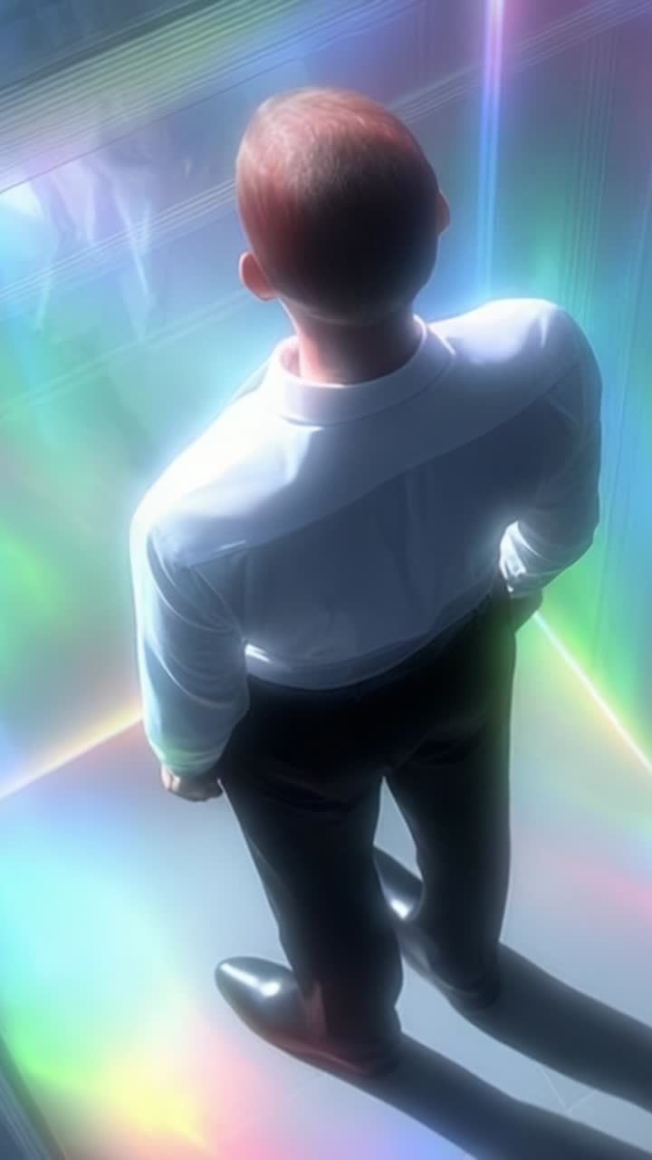 Uma Figura Solitária em Pé em um Espaço Abstrato Colorido, Rodeada por Luz e Reflexos, Capturando um Momento de Contemplação e Tranquilidade