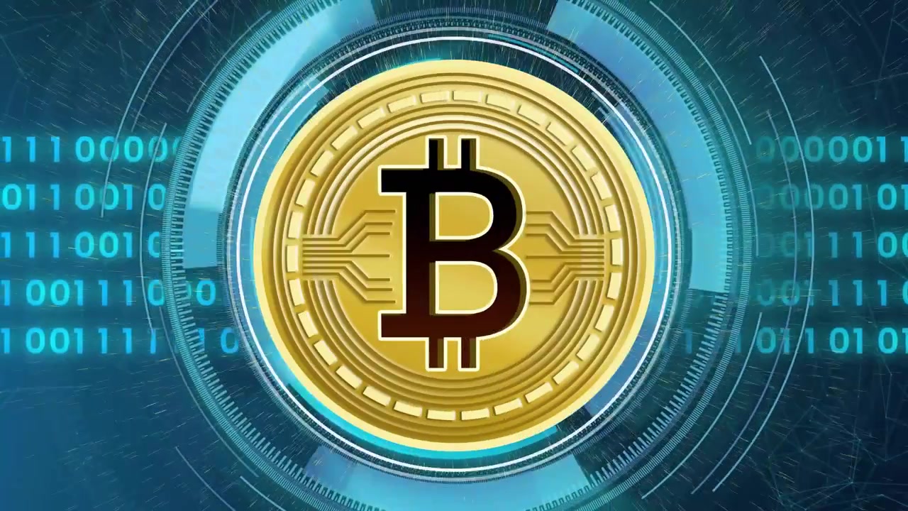 Particelle che convergono formando una moneta Bitcoin in un anello rotante con flusso binario che ruota e si restringe.