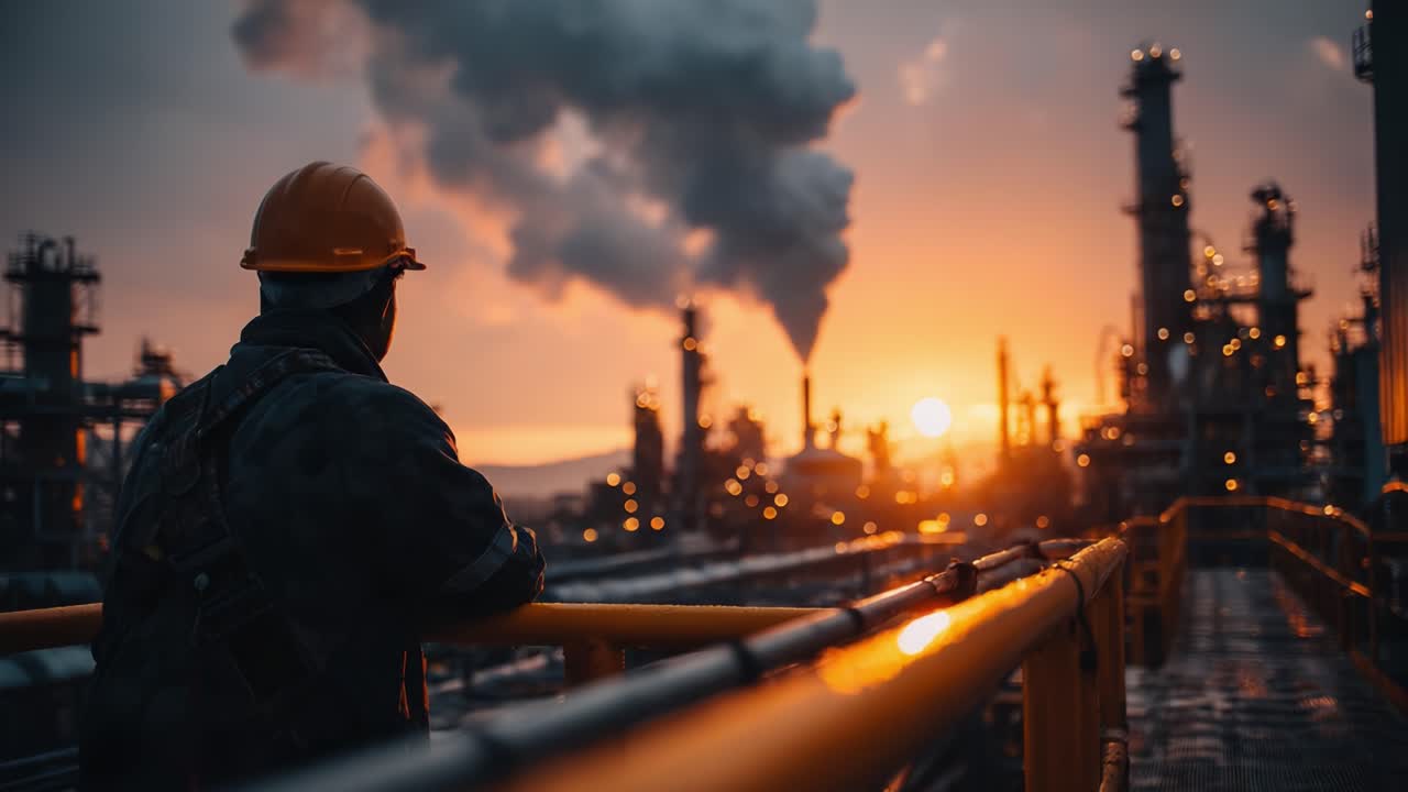 A Worker Observes the Majestic Industrial Landscape at Sunset, Highlighting the Complex Interplay of Nature and Industry Against a Brilliant Sky