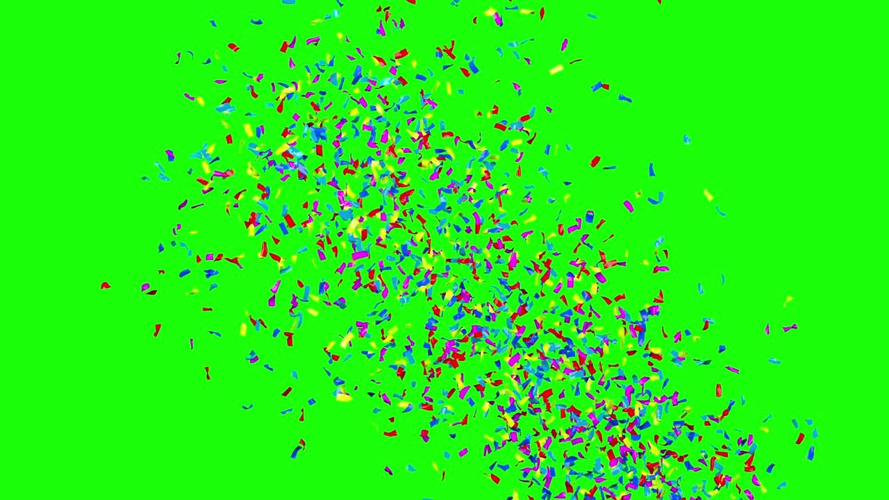 Multicolored confetti party popper explosion isolated on green screen background