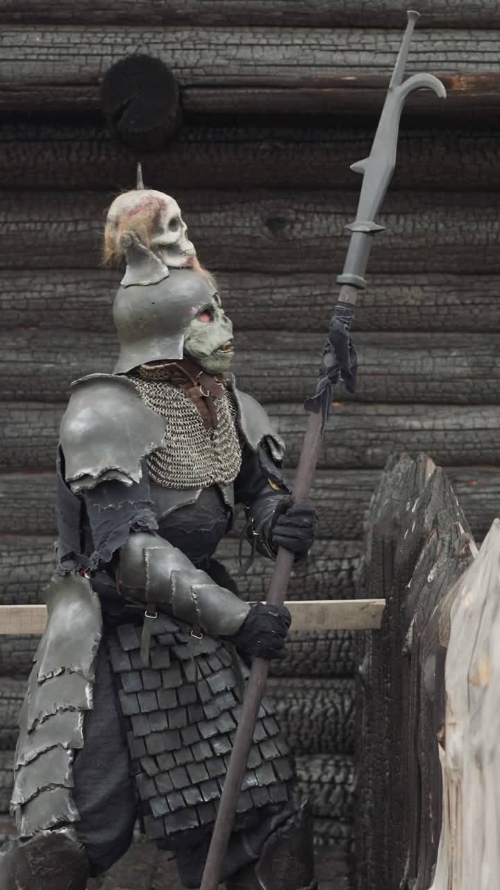 el caballero malvado se encuentra cerca de una casa de madera quemada golpeando la lanza en el suelo. la criatura en armadura se encuentra en la puerta del asentamiento. monstruo en el pueblo medieval por la valla