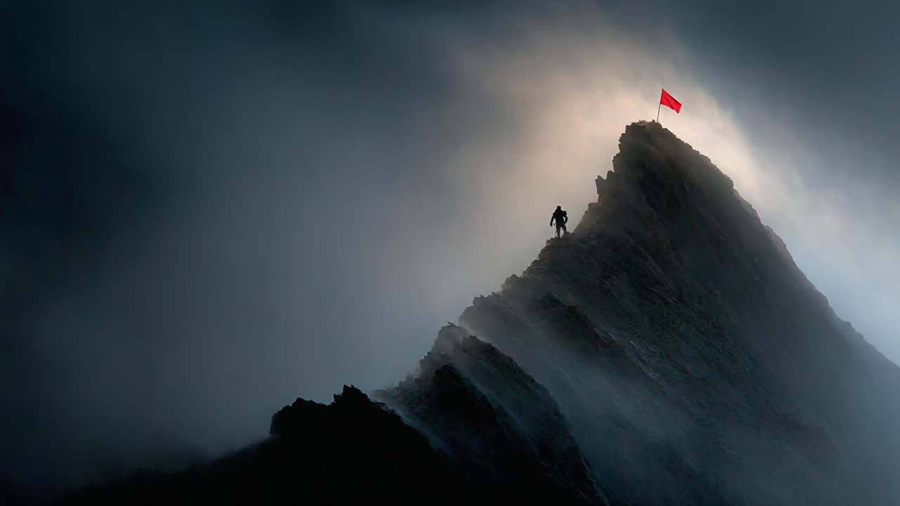 A Brave Climber Reaches the Summit, Shrouded in Mist with a Bright Red Flag Flapping Majestically at the Peak, Signifying Triumph and Conquest Over Nature's Challenges
