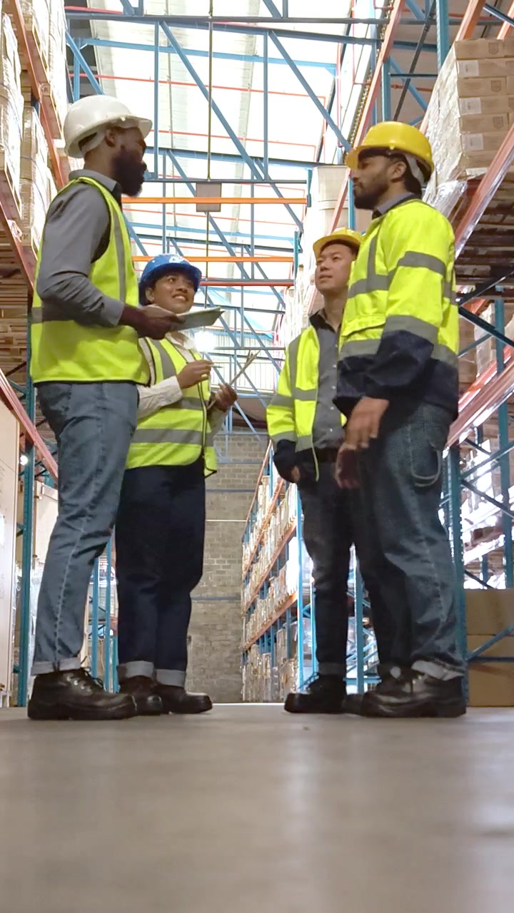 Diverse Team of Warehouse Workers Managing Inventory in Distribution Center