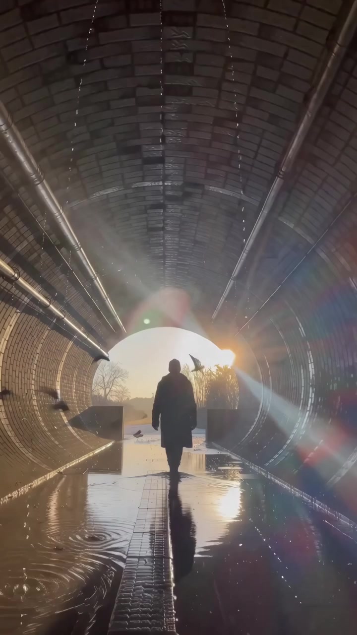 Person Walking Through a Sunlit Tunnel