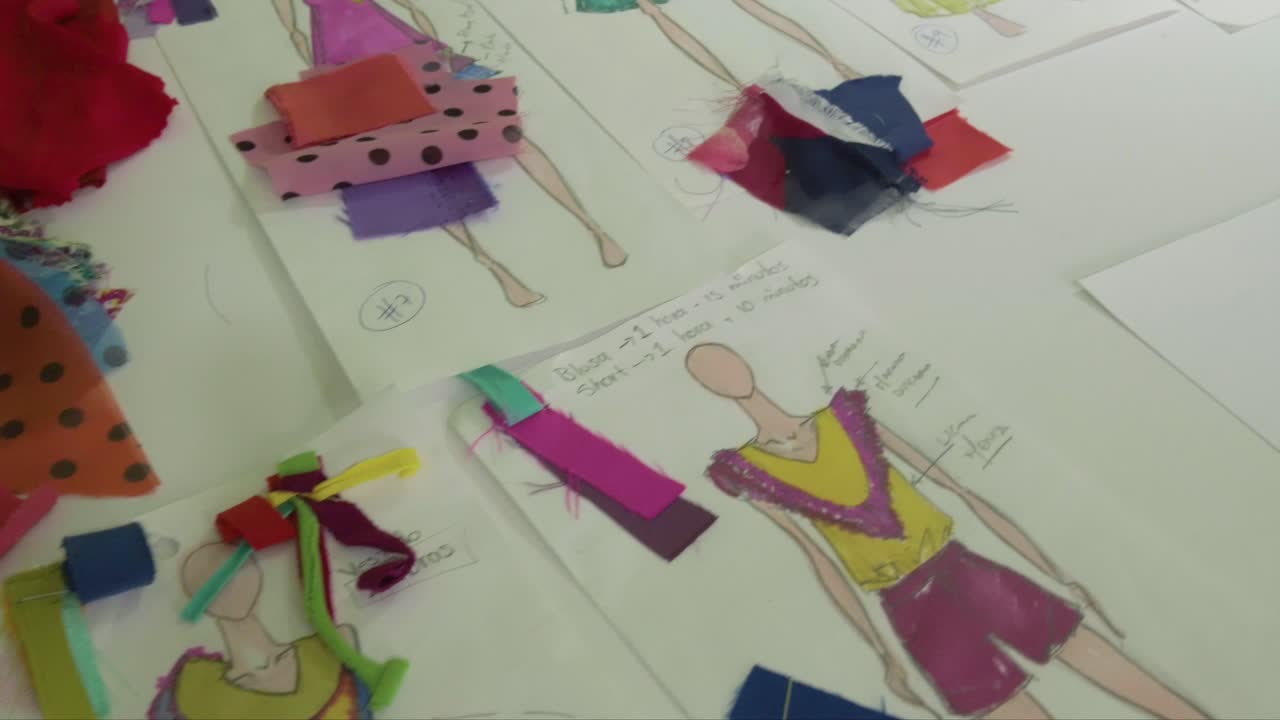 panorámica de la estación de trabajo de un diseñador de moda con dibujos y bocetos de su última colección