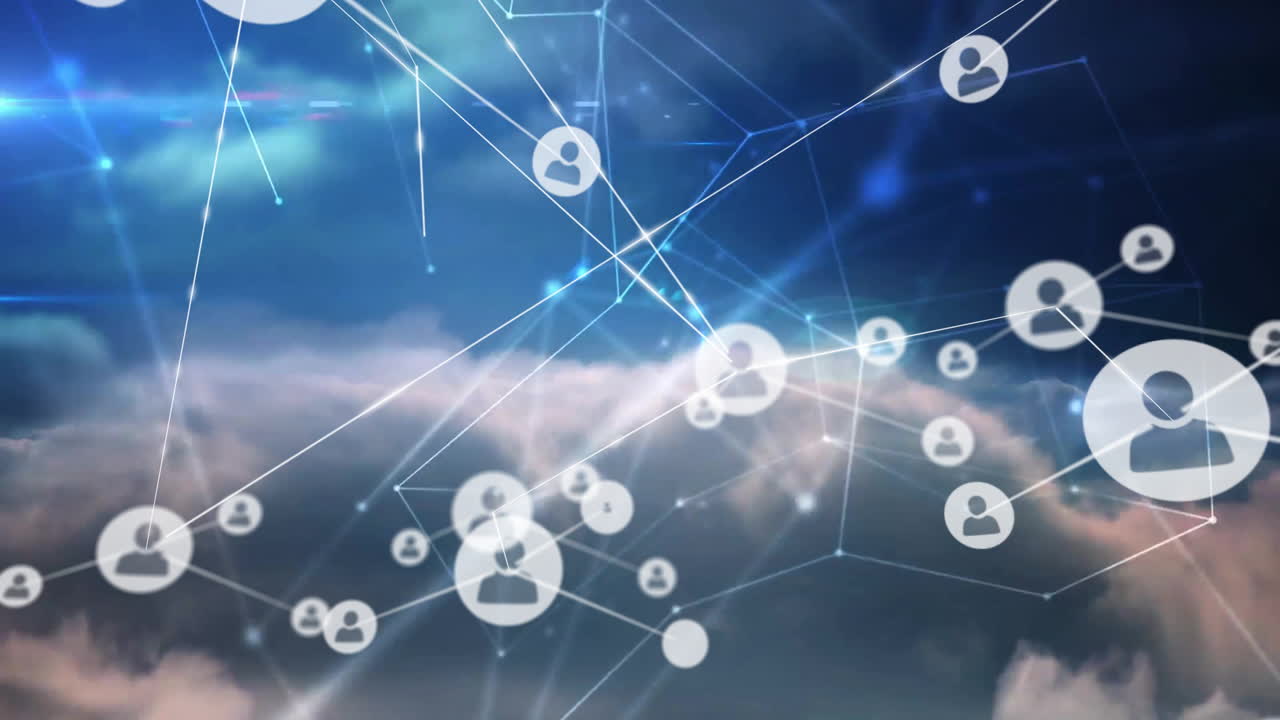 Animation of user icons and network connections over cloudy sky background