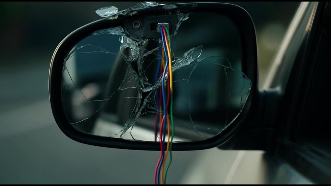 Broken Car Side Mirror With Exposed Electrical Wiring