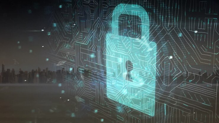 Animation of security padlock over cityscape