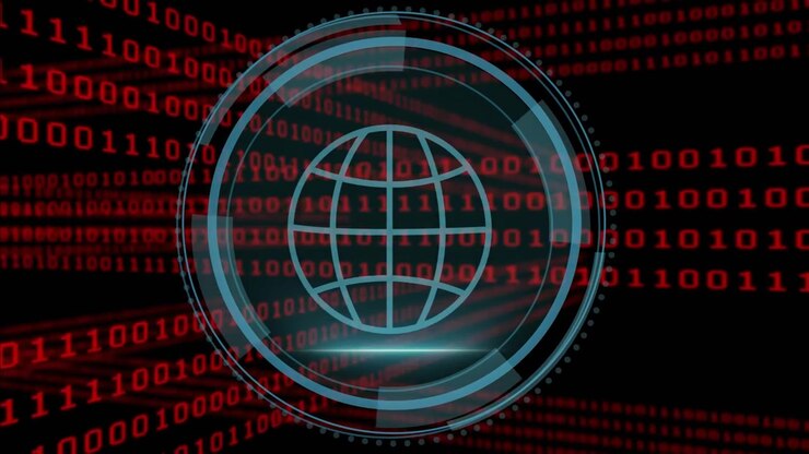 Binary code intensifying, shrinking cybersecurity text and forming rings around globe for security