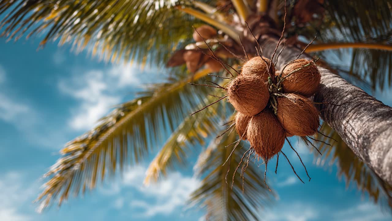 A Close-Up View of Ripe Coconuts Hanging from a Lush Palm Tree Against a Clear Blue Sky, Showcasing Nature's Tropical Beauty and Abundance in Paradise