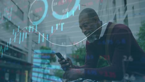 animation of multiple graphs, trading board, african american smiling while scrolling on cellphone