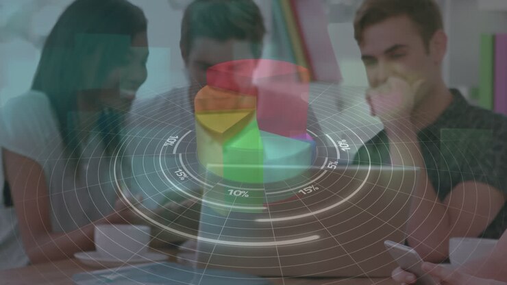 Animation of diverse data and graphs over happy diverse female and male workers in office