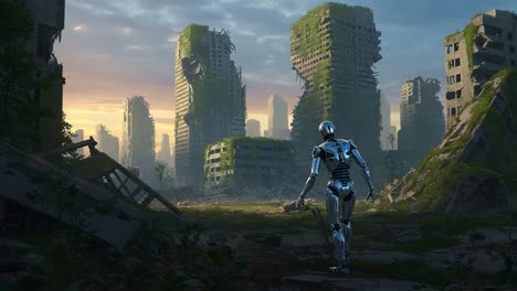 a solitary robot stands amidst the ruins of a once-thriving metropolis, now overgrown with nature, showcasing a blend of advanced technology and environmental reclamation