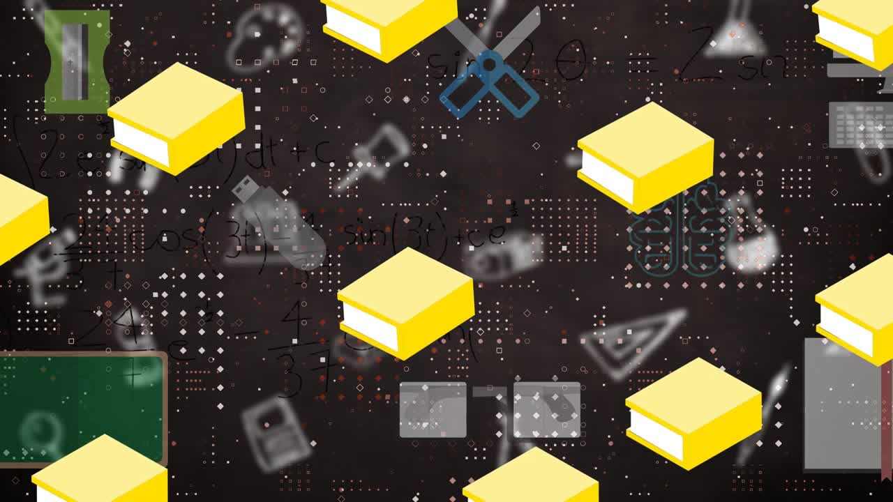 Animation of globe with icons over blurred christmas reindeer confetti falling