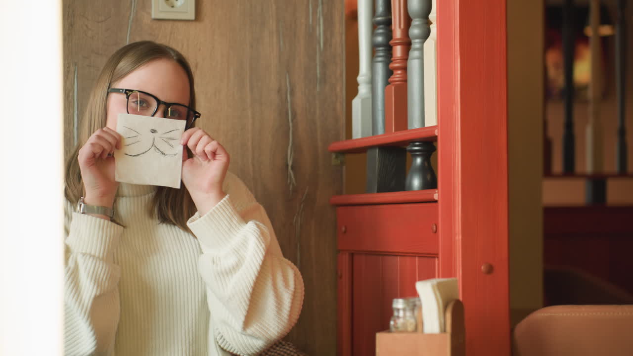 Student in glasses and white sweater sketching cat mask on napkin at wooden cafe table, preparing to hold drawing near mouth playfully while animated flame glows on background