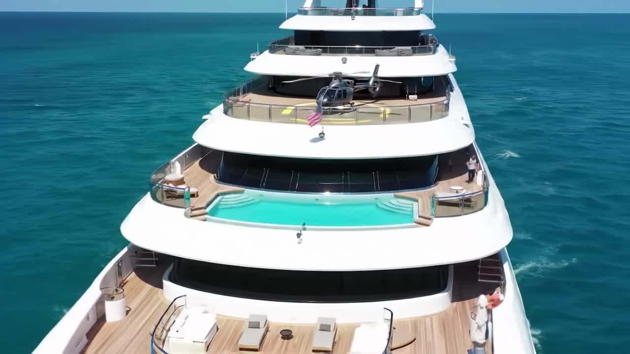 Luxurious Yacht with Helicopter Landing Pad, Featuring a Spacious Deck, Pool, and Elegant Design, Sailing in Vibrant Blue Waters