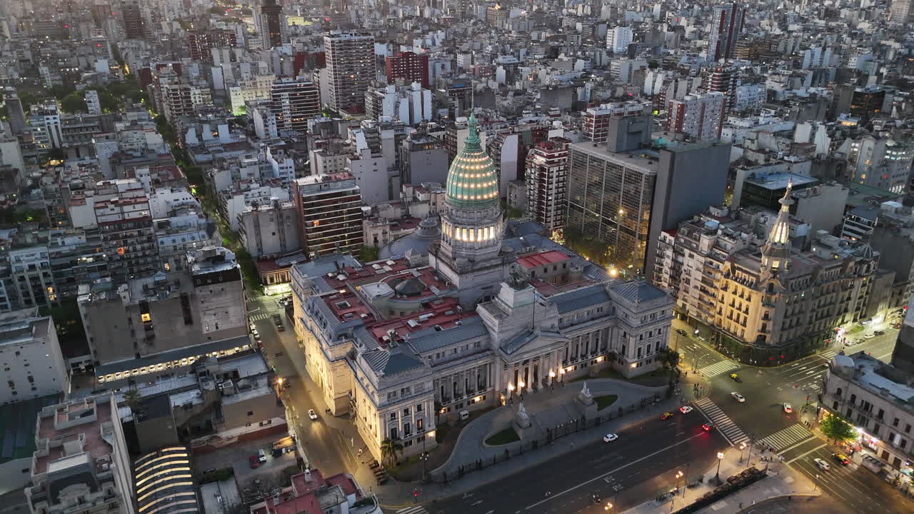 Aerial View of the Palace of the Argentine National Congress in Buenos Aires at Night