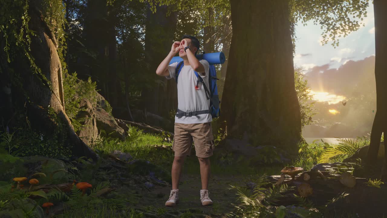 해가 지는 동안 숲에서 산책하는 남자