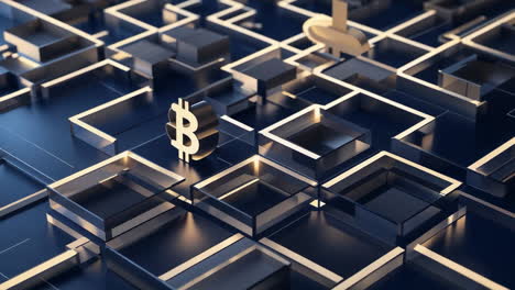 bitcoin symbol in a futuristic digital grid
