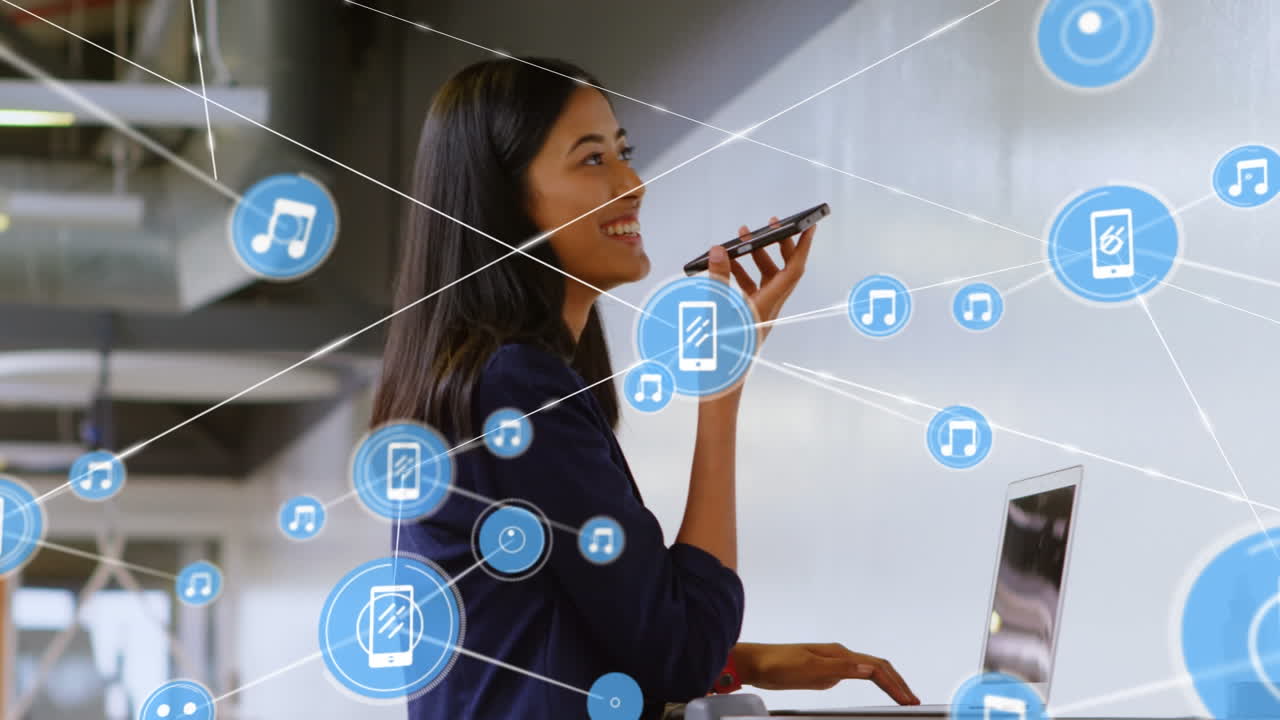 animación de una red de conexiones con iconos sobre una mujer de negocios biracial hablando por teléfono inteligente